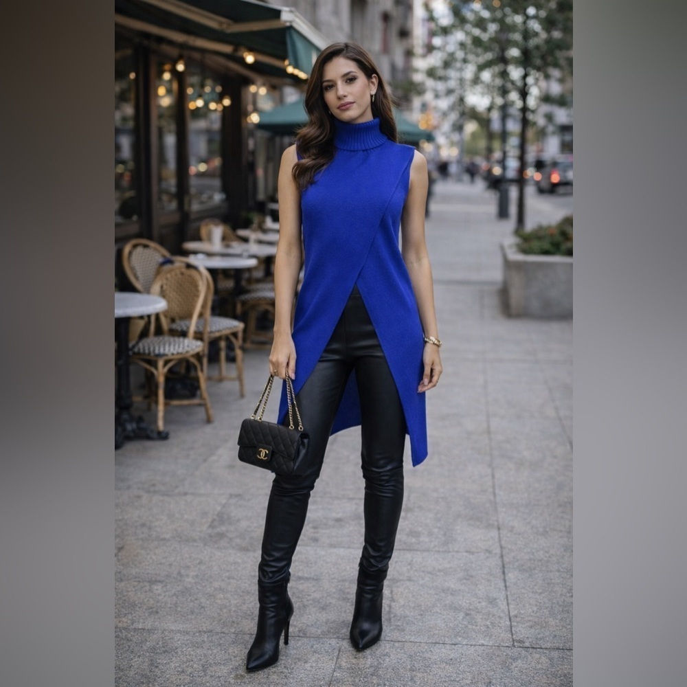 Blue Sleeveless Turtleneck Tunic Top